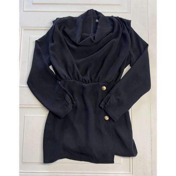 Zara Romper Jumpsuit Dress Black Long Sleeve XS Flood Neck Button Detail - Picture 1 of 6